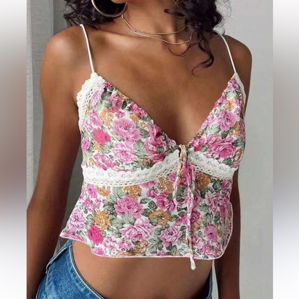 Princess Polly Emilee Floral Print Crop Camisole Lace Ruffle Flowers